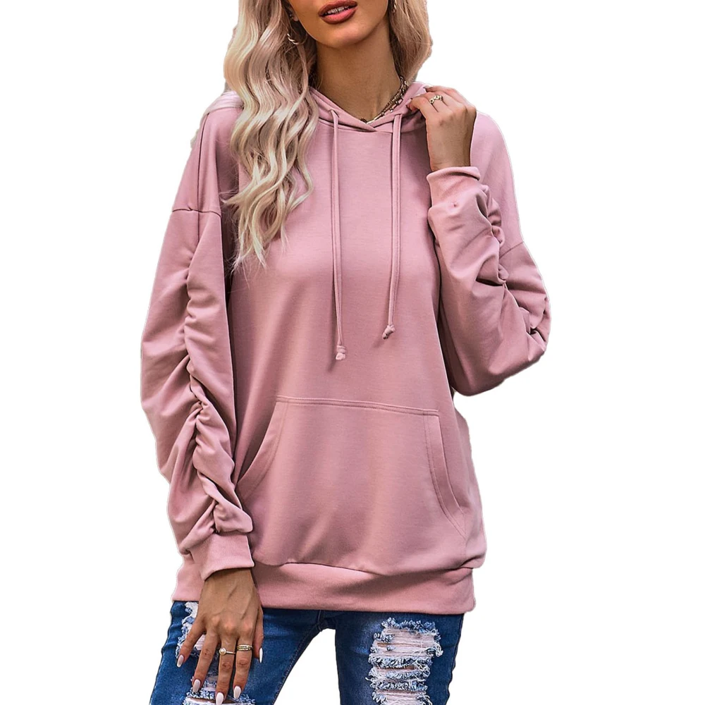 Hoodie Pleated Long Sleeve Round Neck Drawstring Pocket Pullover Hoody for Women Pink M