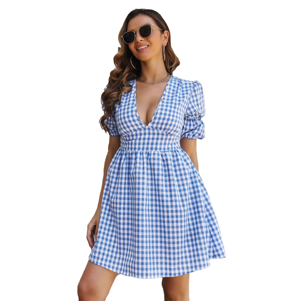 Plaid Dress Deep V Neck Puff Short Sleeve A Line Fashionable Casual Dress for Women Blue Plaid S