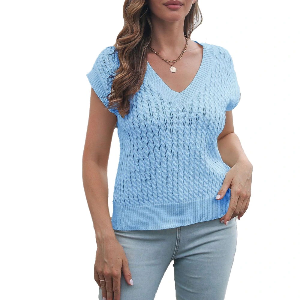 Women Tank Sweater Soft V Neck Sleeveless Sweater Casual Pure Color Knit Sweater Vest Sky Blue L