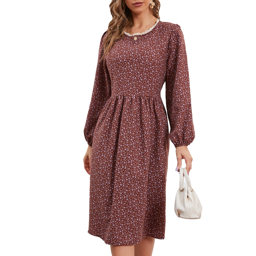 Women Midi Dress Floral Print Crew Neck High Waist Long Sleeve Dress for Dating Home Office Wine Red S