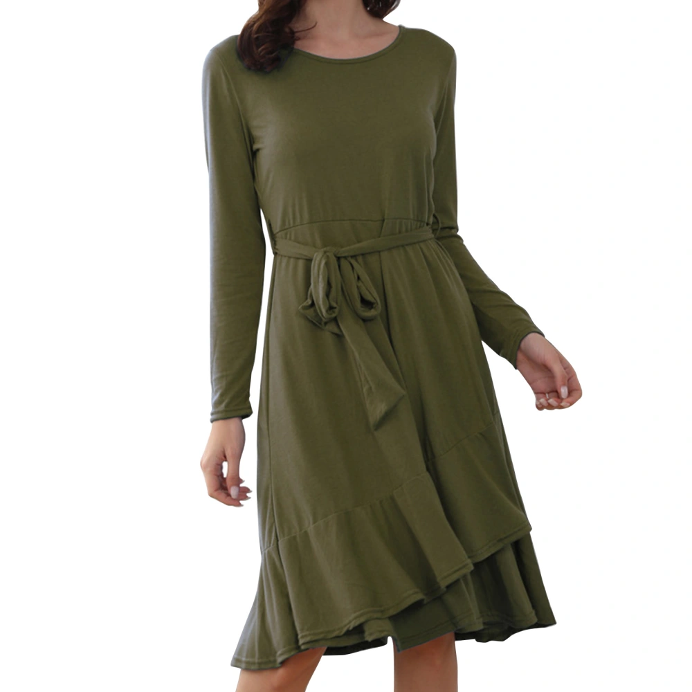 Dress Long Sleeve Round Neck Tie Waist Irregular Flounces Hem Pure Color Dress for Women OD Green M