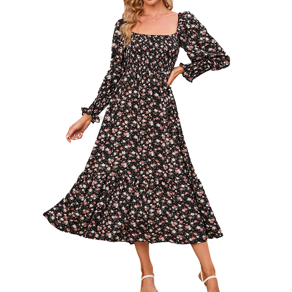 Women Long Dress Square Neck Shirred Dress Long Sleeve Floral Print Dress Ruffle Hem Dress Black L