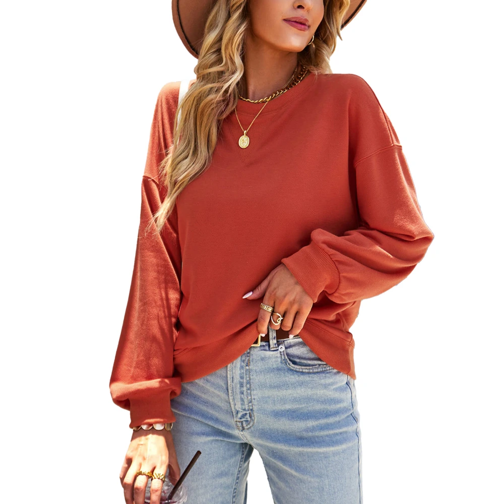 Women Top Drop Shoulder Long Sleeve High Stretch Crewneck Pullover Shirt for Autunm Winter Red S