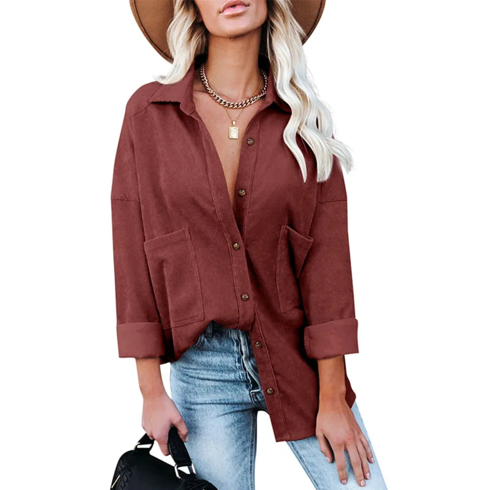 Long Sleeve Lapel Blouse with Pockets Women Casual Button Down Shirt for Autumn and Winter Wine Red XL