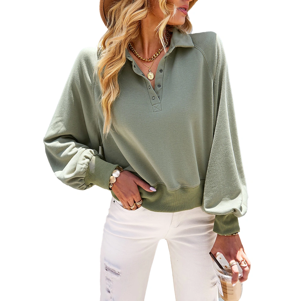 Women V Neck Pullover Sweatshirt Stand Collar Long Raglan Sleeve Snap Trim Loose for Daily Work Sports Green S