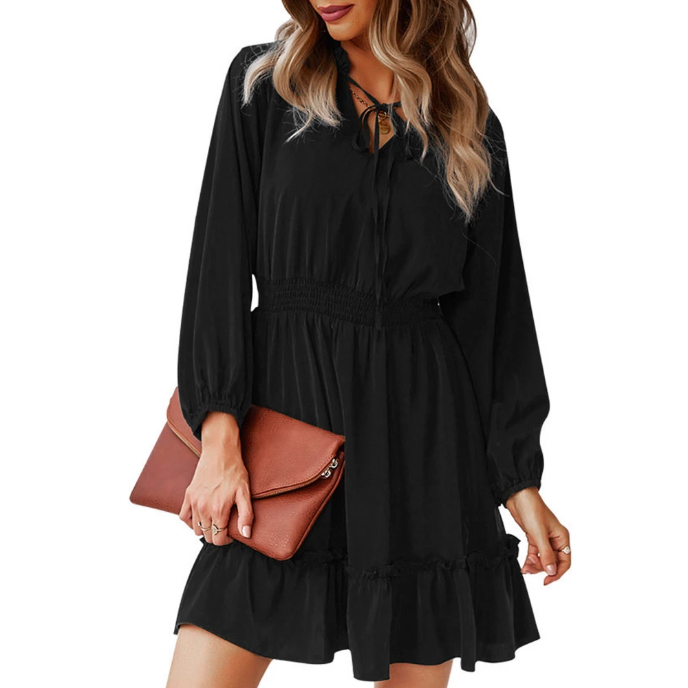 A Line Dress Puff Long Sleeve Drawstring V Neck Waist Slimming Casual Dress for Summer Black M