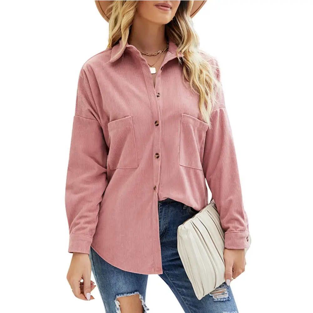 Long Sleeve Lapel Blouse with Pockets Women Casual Button Down Shirt for Autumn and Winter Pink L