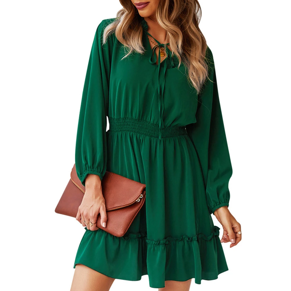 A Line Dress Puff Long Sleeve Drawstring V Neck Waist Slimming Casual Dress for Summer Green M