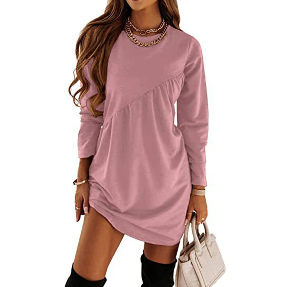 Woman Long Sleeve Tunic Dress Crewneck Ruffle Solid Color Casual Regular Fit Mini Dress Pink L