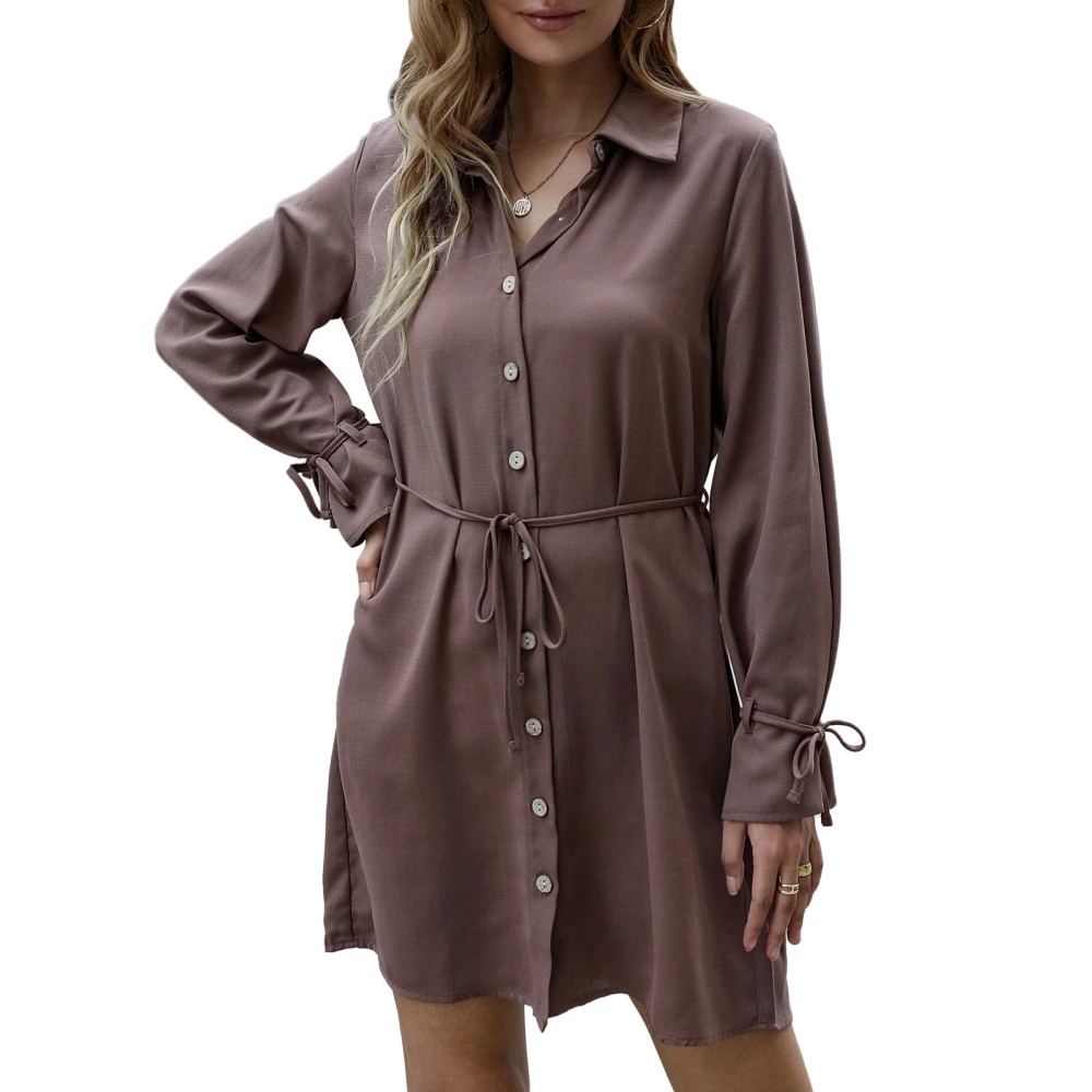 Women Shirt Dress One Piece Lapel Pure Colour Long Sleeve A Shape Button Down for Summer Coffee Brown L