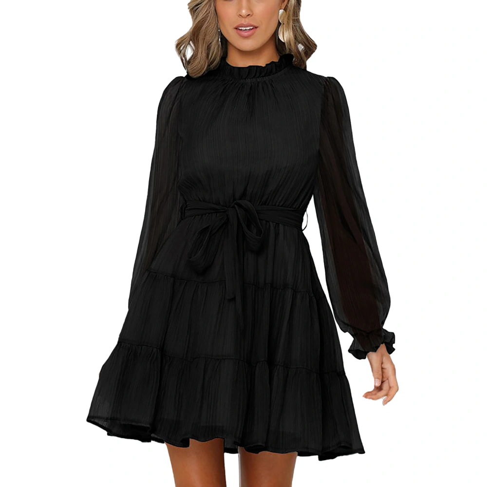 Soft Woman Dress High Waist Long Sleeve Ruffle Breathable Fashionable Dress with Waistband Black L