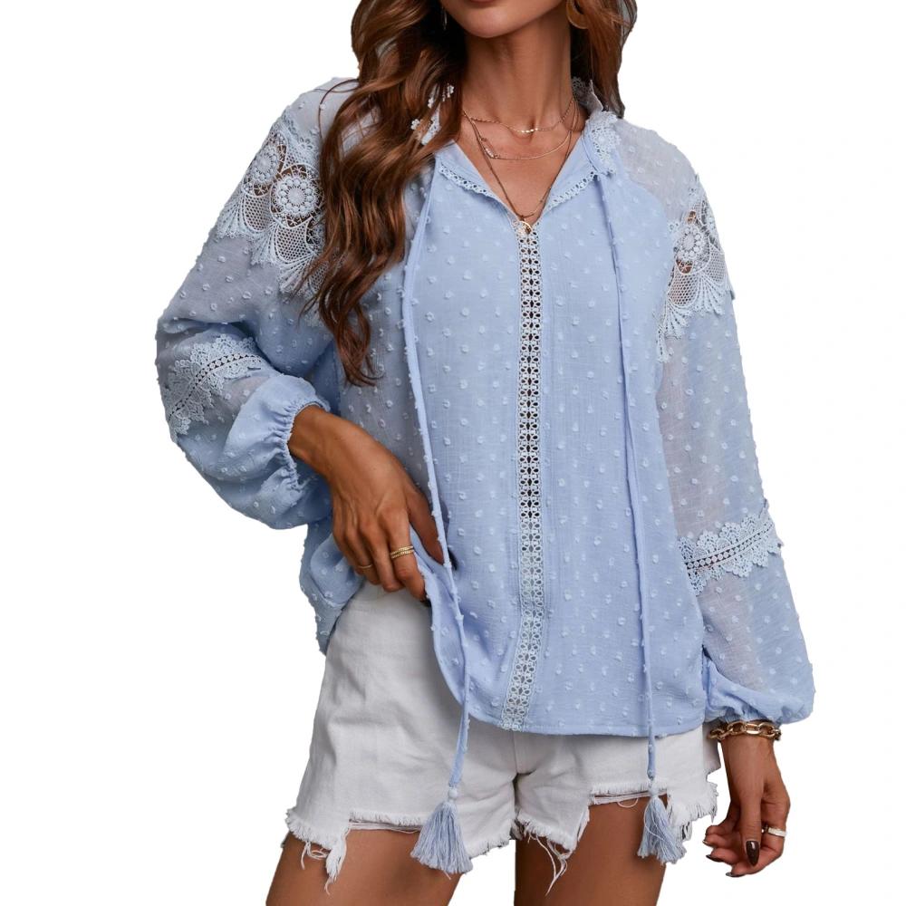 Women Lace Crochet Tunic Tops V Neck Long Lantern Sleeve Chiffon Blouses Swiss Dot Drawstring Shirts Light Blue L