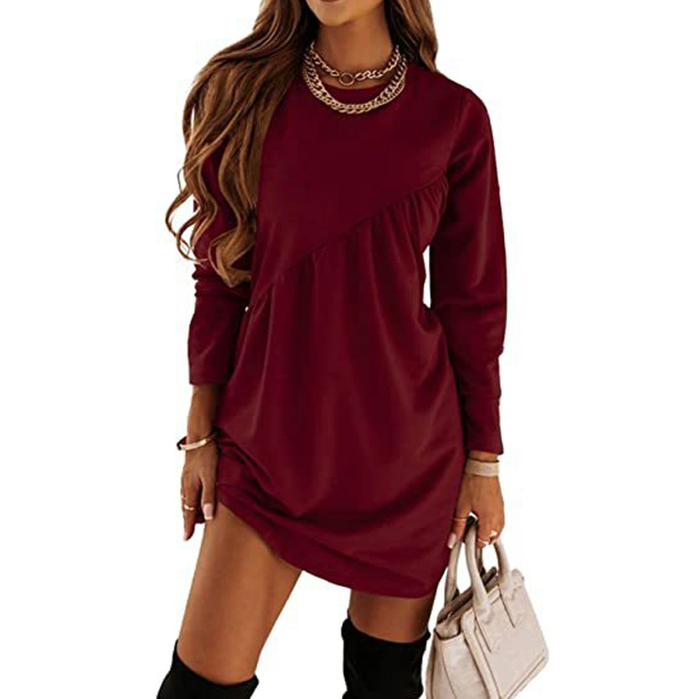 Woman Long Sleeve Tunic Dress Crewneck Ruffle Solid Color Casual Regular Fit Mini Dress Red S