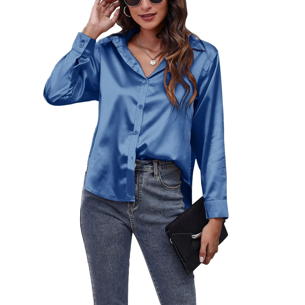 Women Long Sleeve Shirt Satin Silk Button Down Solid Color Curved Hem V Neck Top for Everyday Wear Blue L