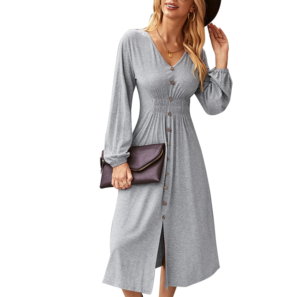 V Neck Long Sleeve Dress Casual Elastic High Waist Button Down Dress for Daily Wear Grey M