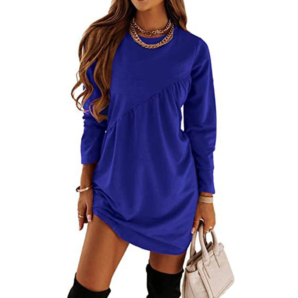 Woman Long Sleeve Tunic Dress Crewneck Ruffle Solid Color Casual Regular Fit Mini Dress Blue M