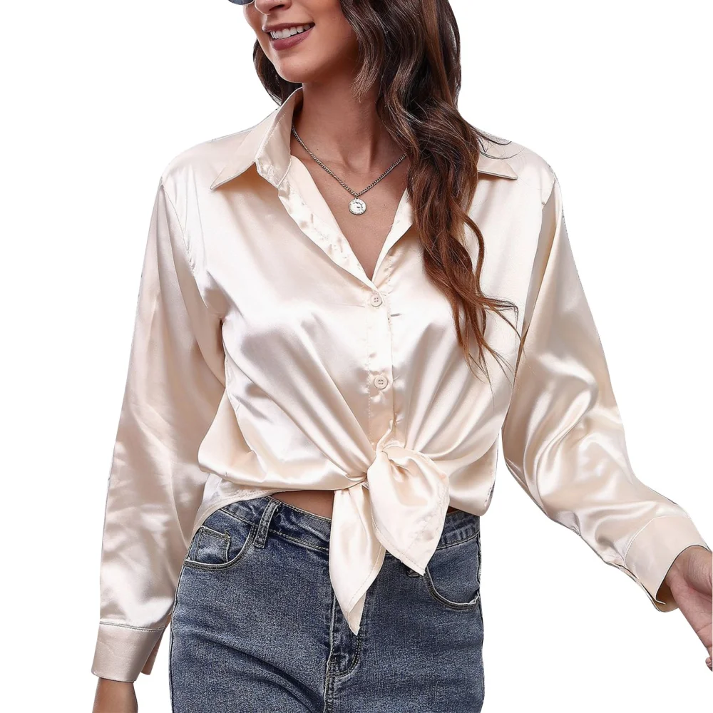 Women Long Sleeve Shirt Satin Silk Button Down Solid Color Curved Hem V Neck Top for Everyday Wear Champagne M