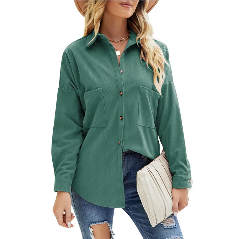 Long Sleeve Lapel Blouse with Pockets Women Casual Button Down Shirt for Autumn and Winter Green XL