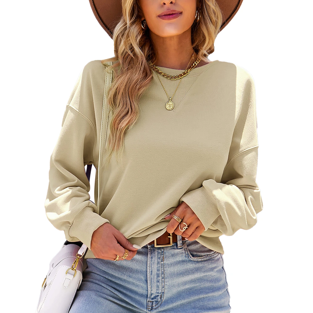 Women Long Sleeve Shirts Loose Crewneck Sweatshirt Casual Pullover Top for Daily Wear Apricot L