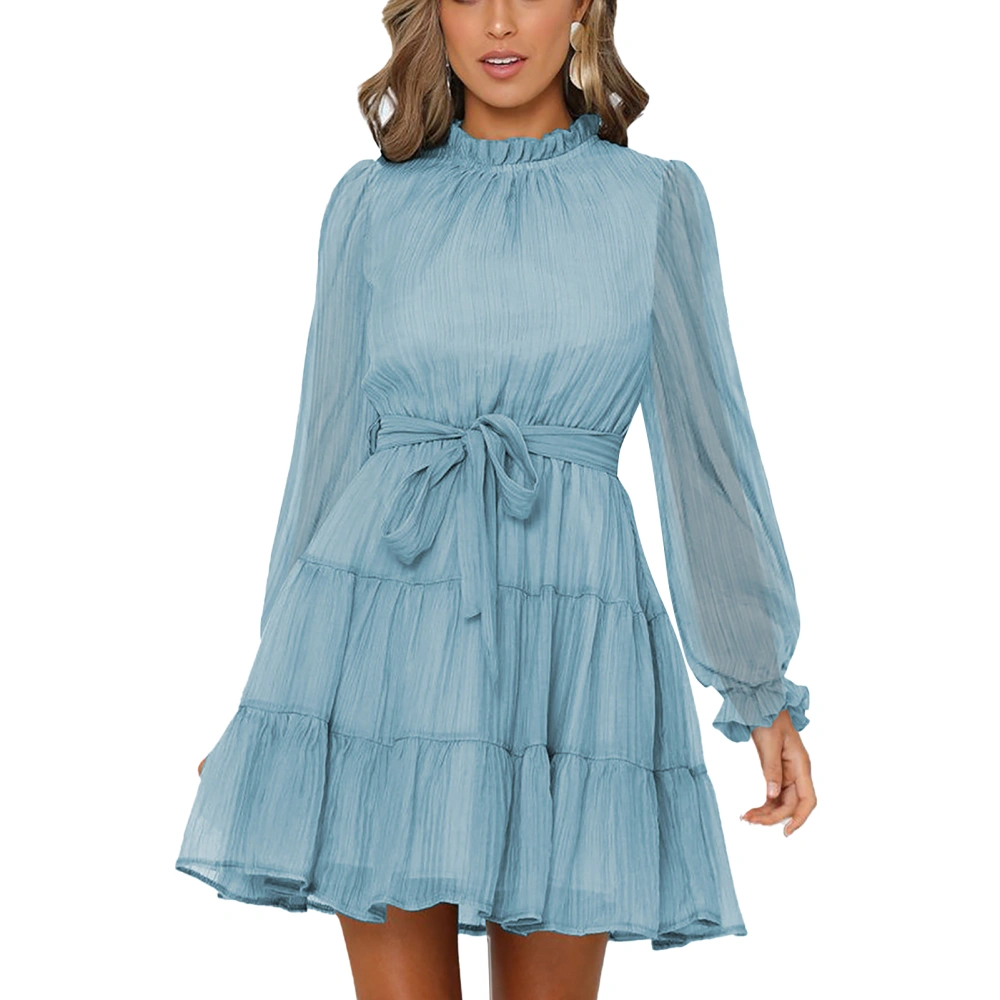 Soft Woman Dress High Waist Long Sleeve Ruffle Breathable Fashionable Dress with Waistband Light Blue XL