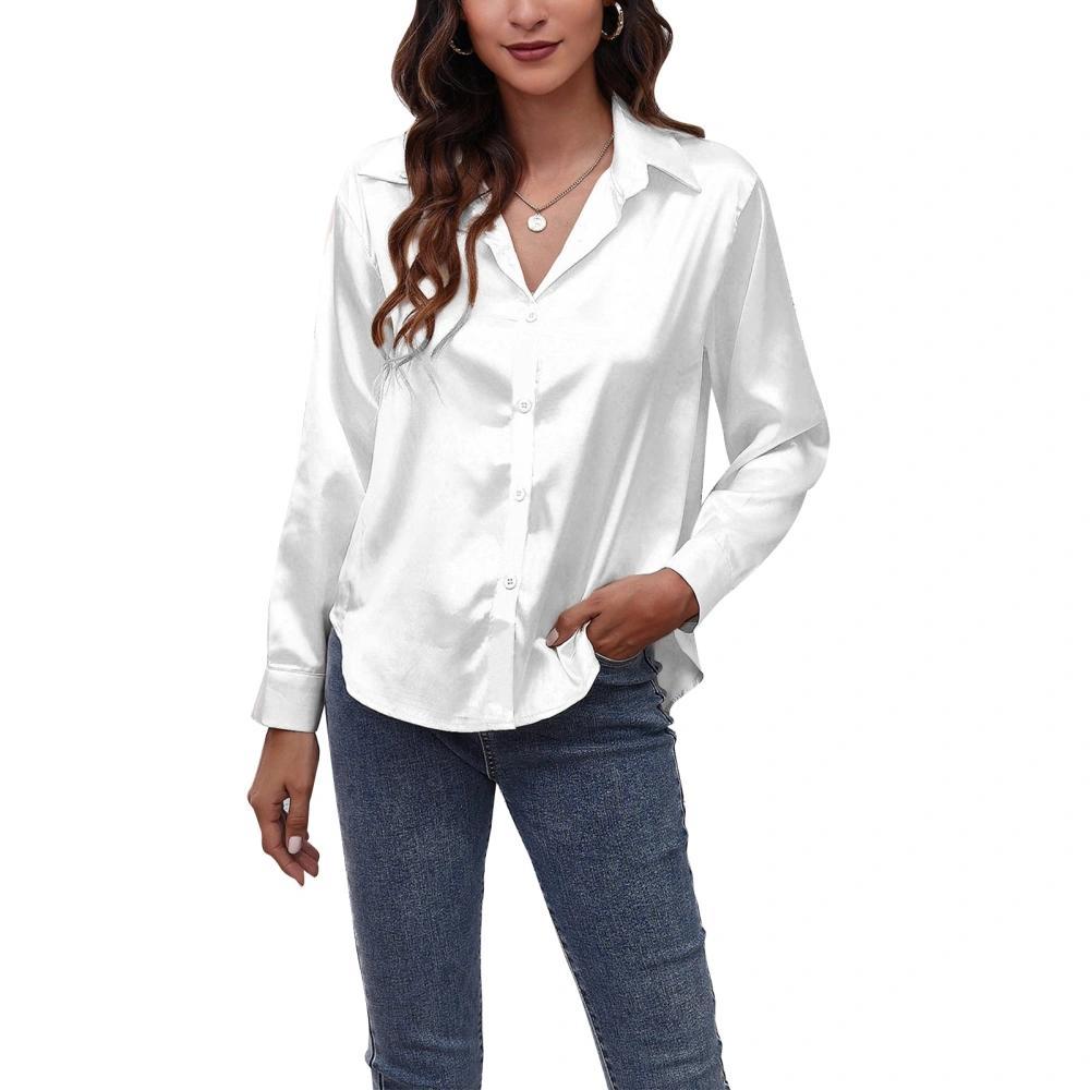 Women Long Sleeve Shirt Satin Silk Button Down Solid Color Curved Hem V Neck Top for Everyday Wear White XL