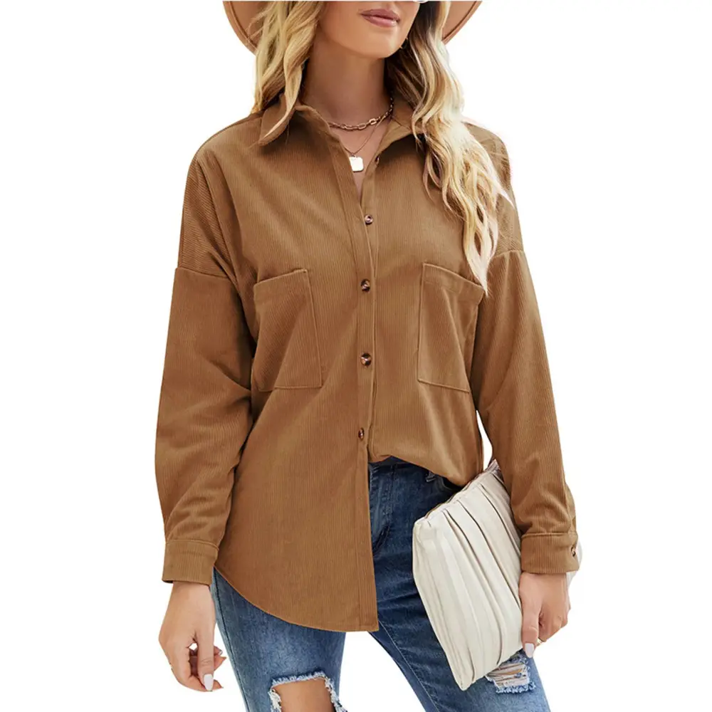 Long Sleeve Lapel Blouse with Pockets Women Casual Button Down Shirt for Autumn and Winter Light Tan L