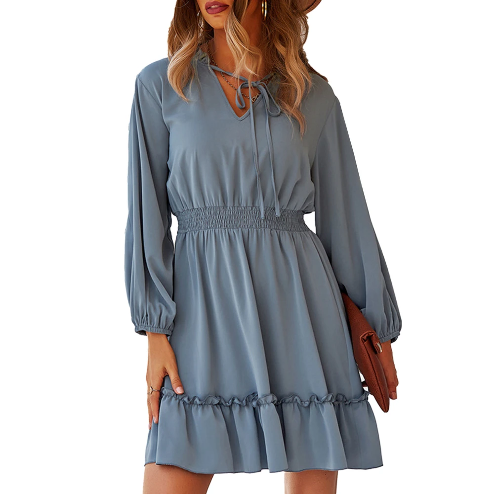 A Line Dress Puff Long Sleeve Drawstring V Neck Waist Slimming Casual Dress for Summer Dusty Blue XL