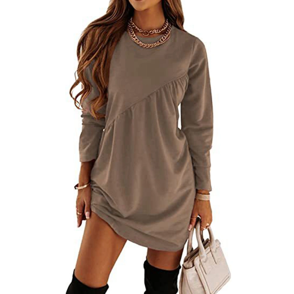 Woman Long Sleeve Tunic Dress Crewneck Ruffle Solid Color Casual Regular Fit Mini Dress Light Tan L