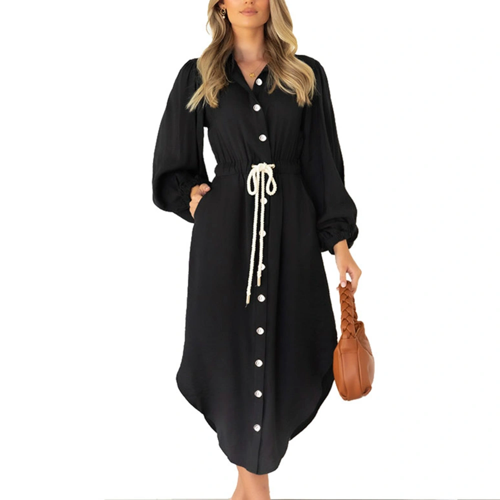 Dress Puff Long Sleeve Lapel Drawstring Waist Single Breasted Loose Irregular Hem Dress for Women Type3 M