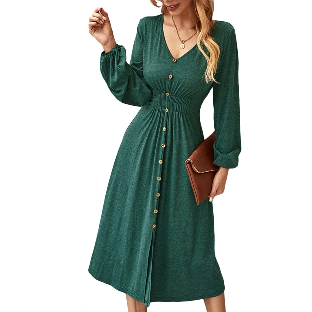 V Neck Long Sleeve Dress Casual Elastic High Waist Button Down Dress for Daily Wear Green L