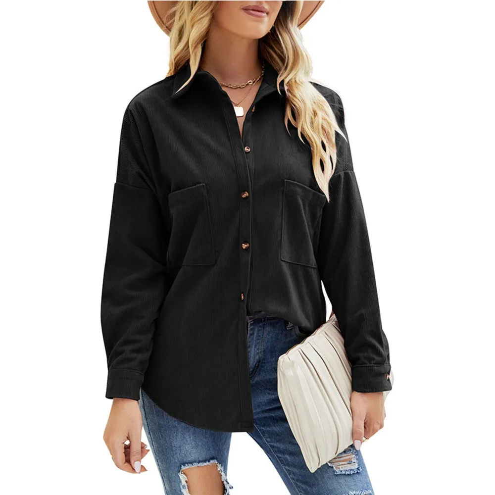 Long Sleeve Lapel Blouse with Pockets Women Casual Button Down Shirt for Autumn and Winter Black M