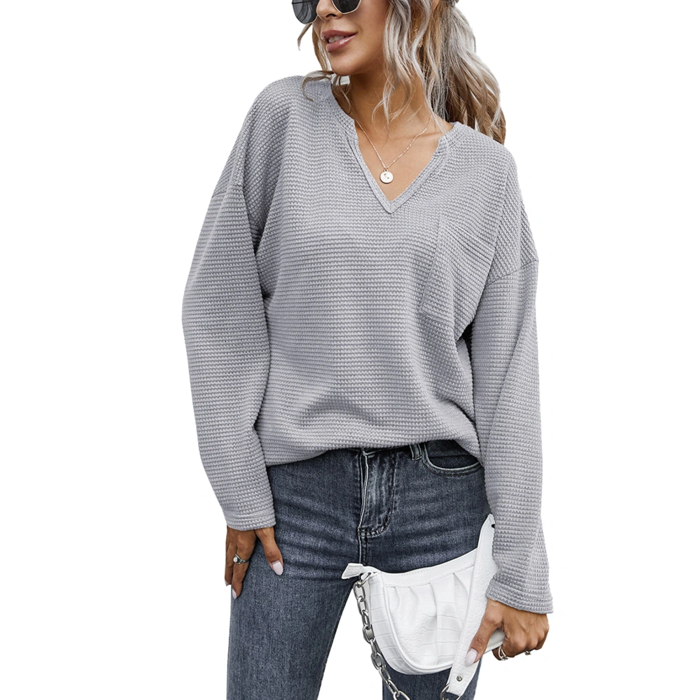 Blouse Long Sleeve V Neck Pure Color Pocket Comfortable Fashionable Top for Women Grey S