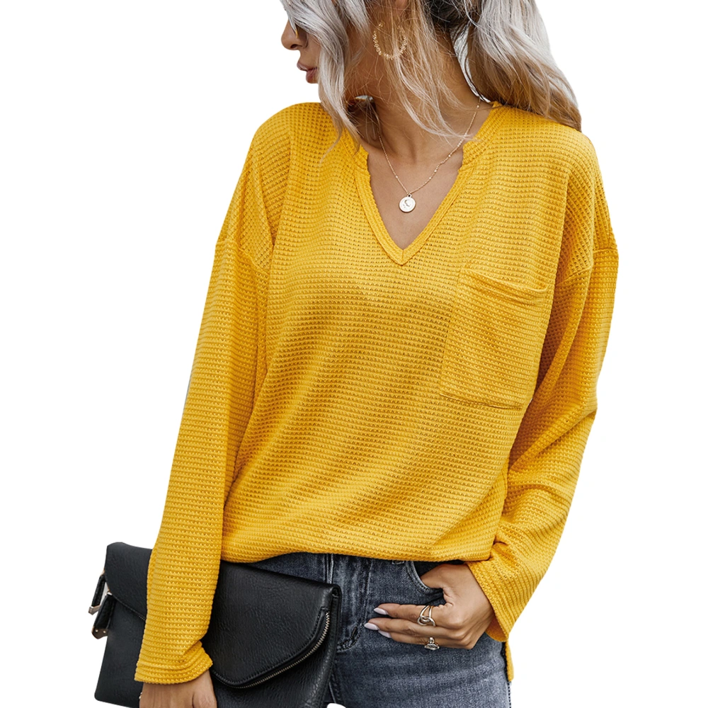 Blouse Long Sleeve V Neck Pure Color Pocket Comfortable Fashionable Top for Women Yellow M