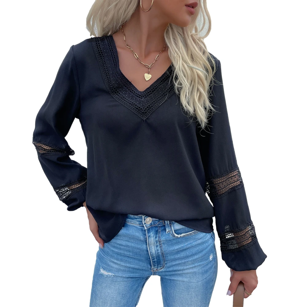 Women V Neck Shirts Lace Patchwork T Shirt Casual Long Sleeve Blouse Pure Color Pullover Shirts Black L