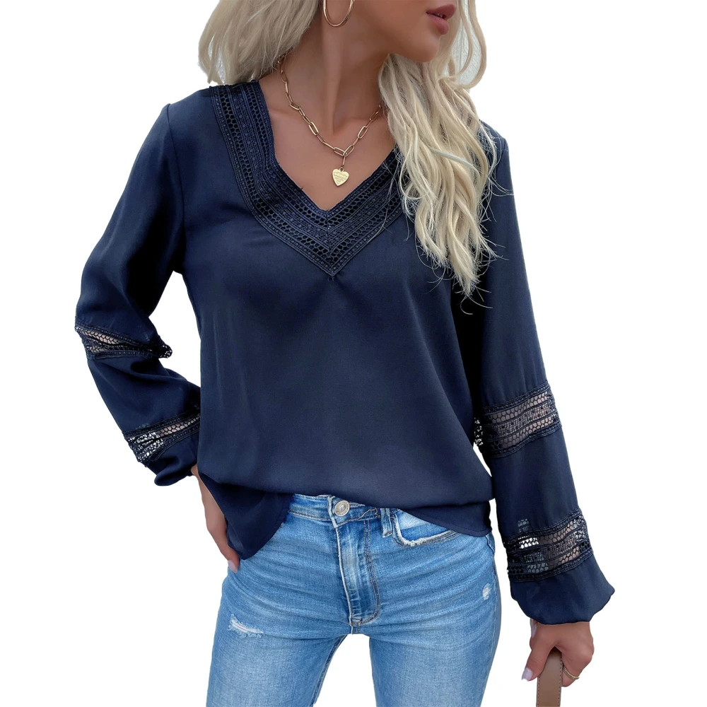 Women V Neck Shirts Lace Patchwork T Shirt Casual Long Sleeve Blouse Pure Color Pullover Shirts Purplish Blue L