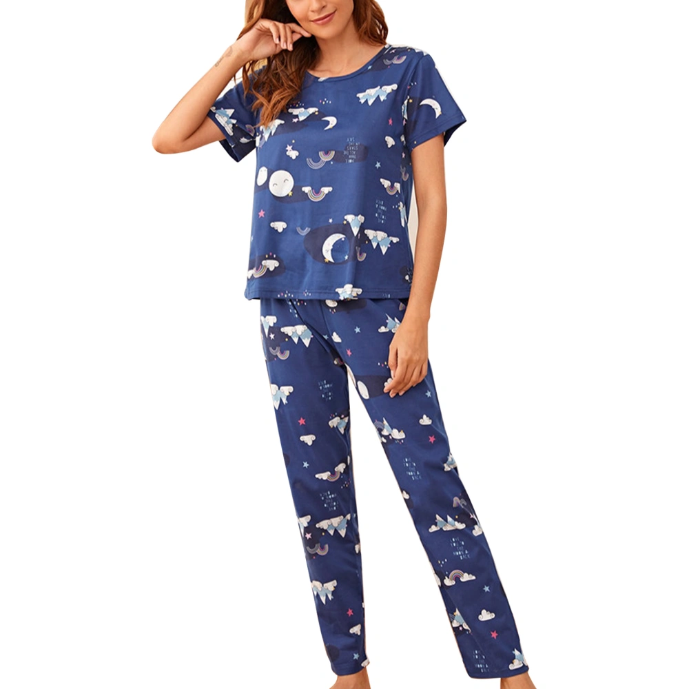 Pajamas Set Short Sleeved Top Stylish Printing Pattern Breathable Loose Round Neck Nightwear with Long Pants Dark Blue S