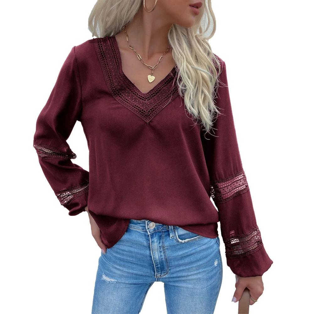 Women V Neck Shirts Lace Patchwork T Shirt Casual Long Sleeve Blouse Pure Color Pullover Shirts Wine Red XL