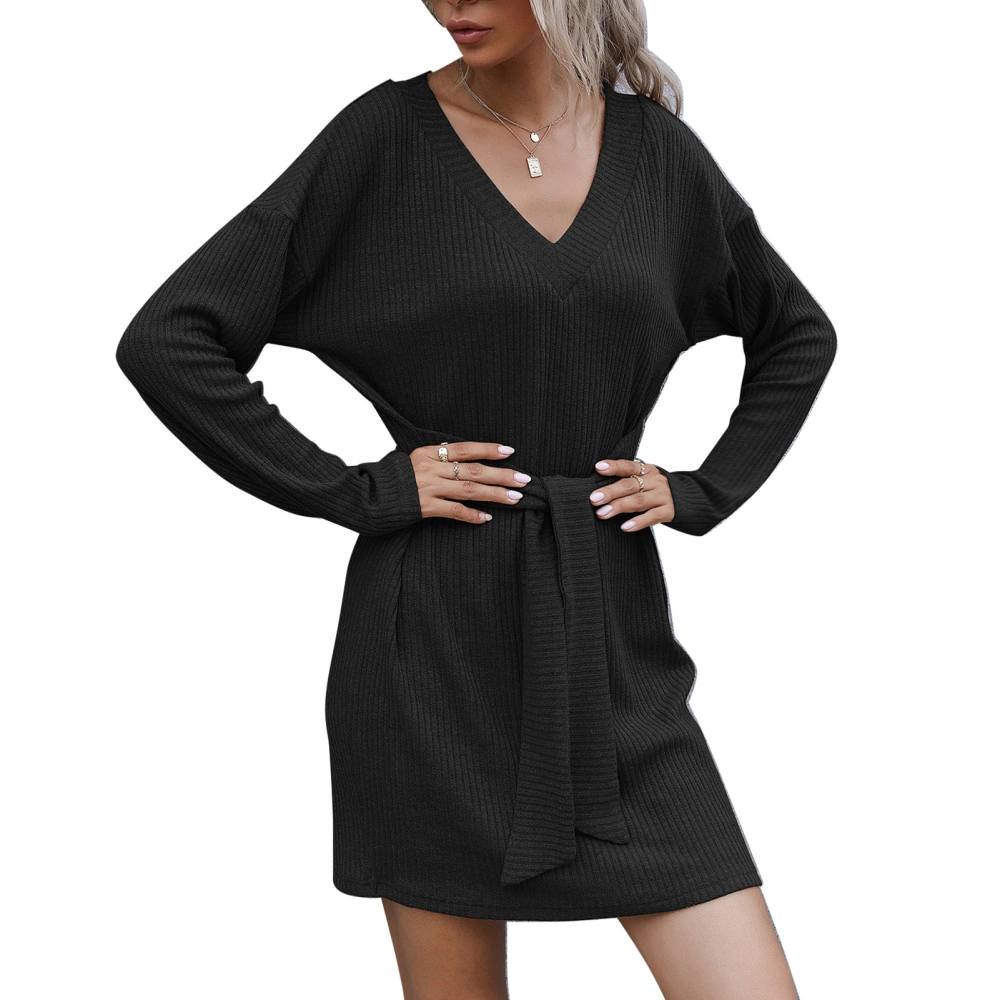 Woman Knit Sweater Dress V Neck Loose Polyester Long Sleeve Autumn Short Pure Color Tie Waist Pullover Dresses for Daily Black L