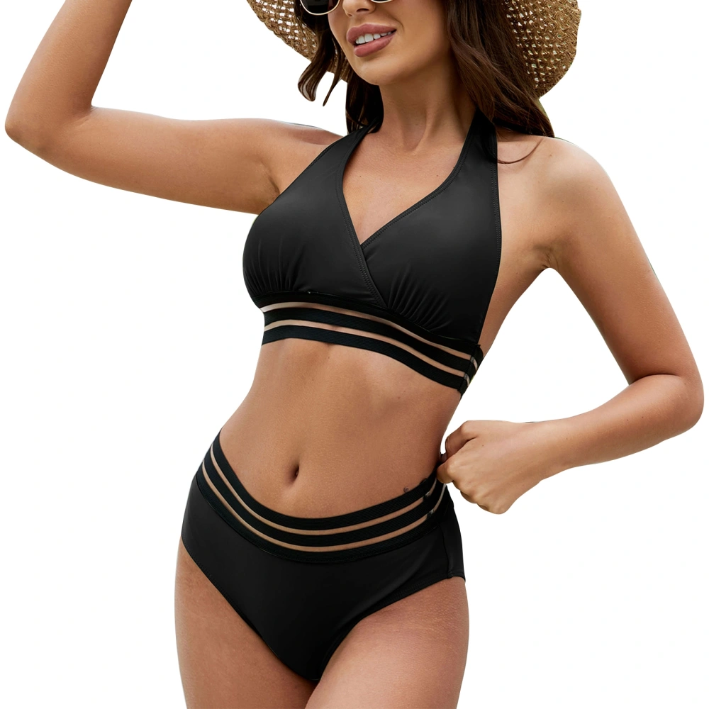 Bikini Swimsuit V Neck Backless Mesh Splicing Hem Waist 2 Piece Bathing Suit for Pool Beach Spa Bath Black 2XL