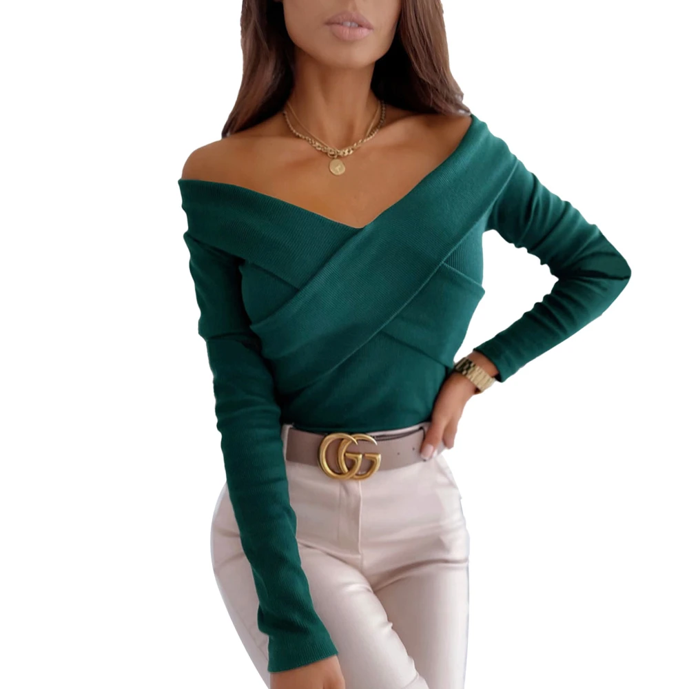 Women Off Shoulder V Neck Shirts Ribbed Knit Shirts Slim Casual Crossover Wrap Front T Shirt Green S