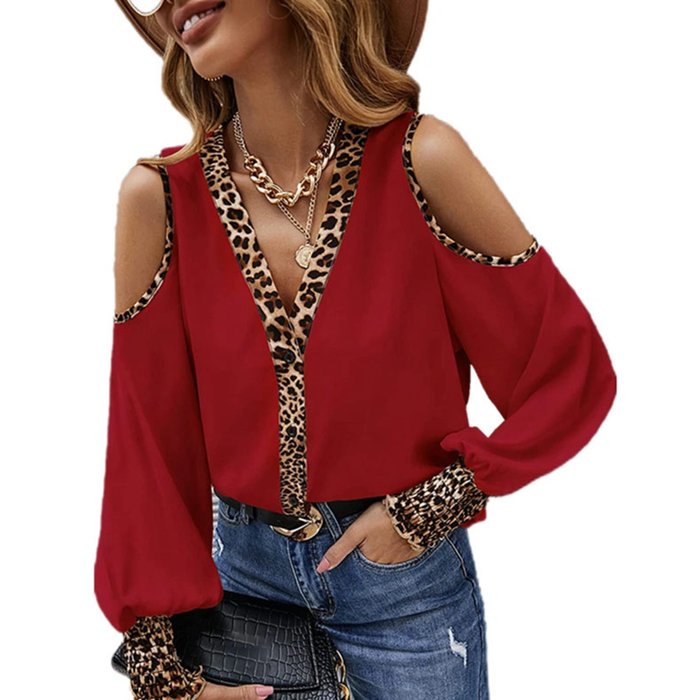 Leopard Long Sleeve Tee V Neck Long Sleeve Cold Shoulder Button Down Closure Blouse for Woman Red 2XL