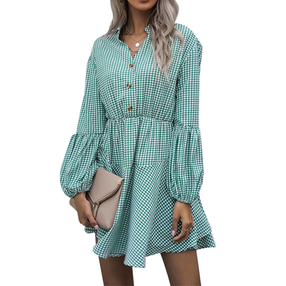 Soft Woman Dress Standing Collar Single Breasted High Waist Spliced Long Sleeves Fashionable Dress Green Grid M