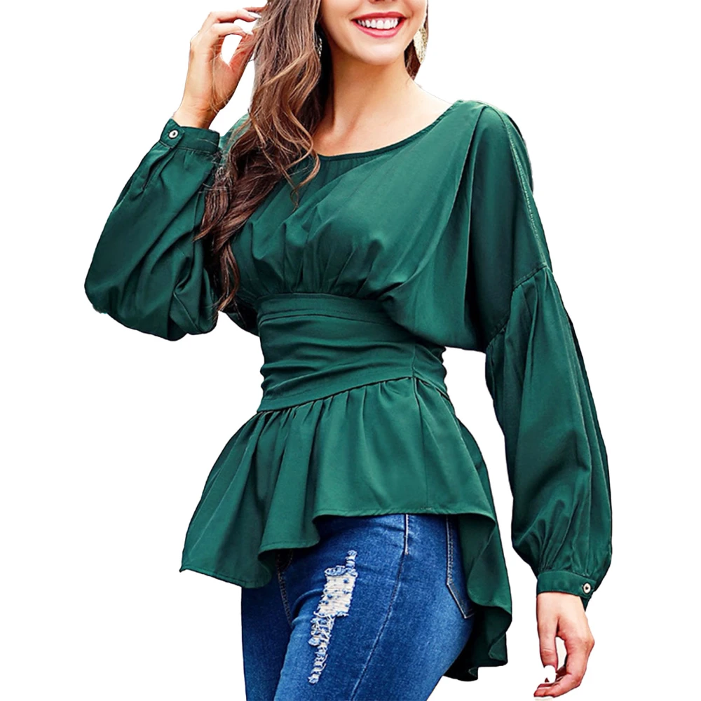 Women Round Neck Ruffle Peplum Bodycon Blouse Long Lantern Sleeve Shirts High Low Irregular Hem Waist Tops Green L