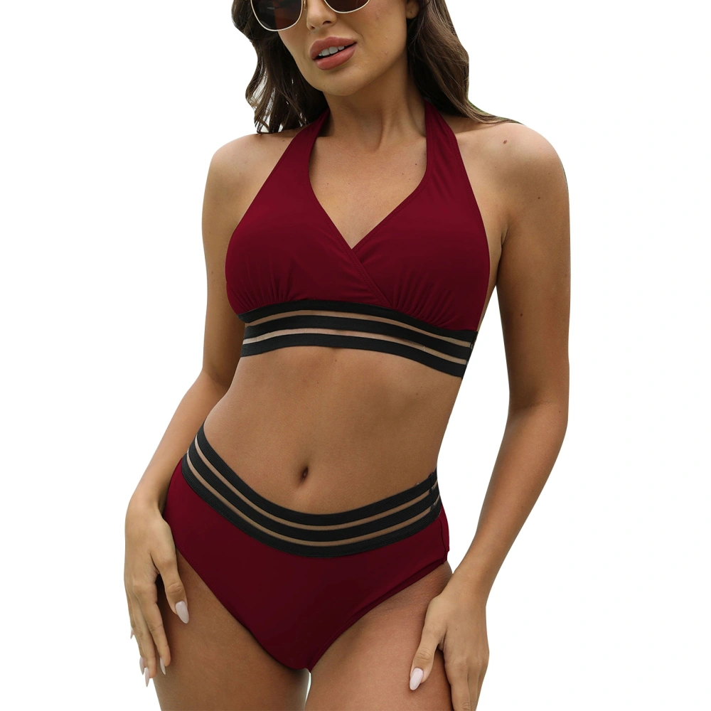 Bikini Swimsuit V Neck Backless Mesh Splicing Hem Waist 2 Piece Bathing Suit for Pool Beach Spa Bath Dark Red XL