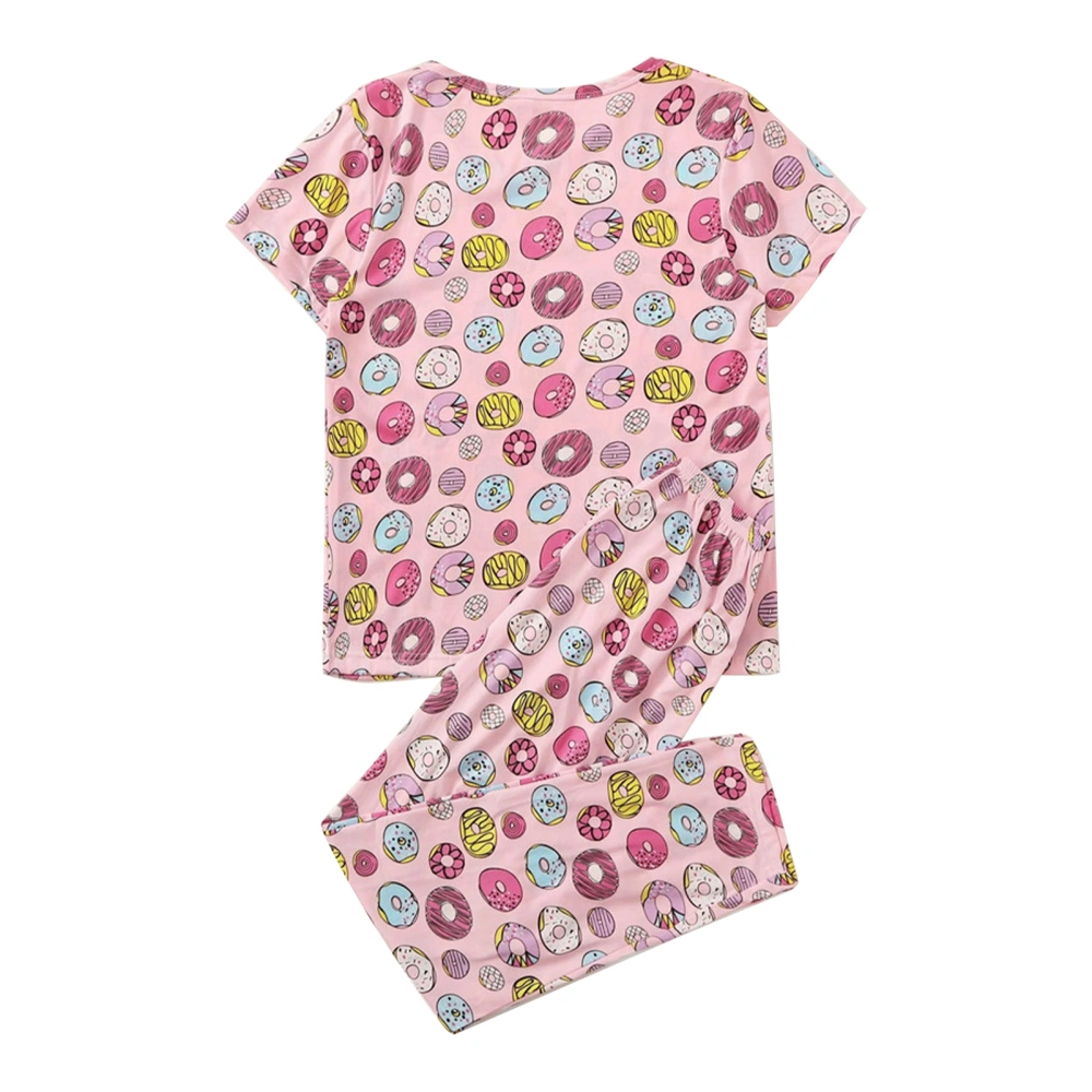 Pajamas Set Short Sleeved Top Stylish Printing Pattern Breathable Loose Round Neck Nightwear with Long Pants Pink S