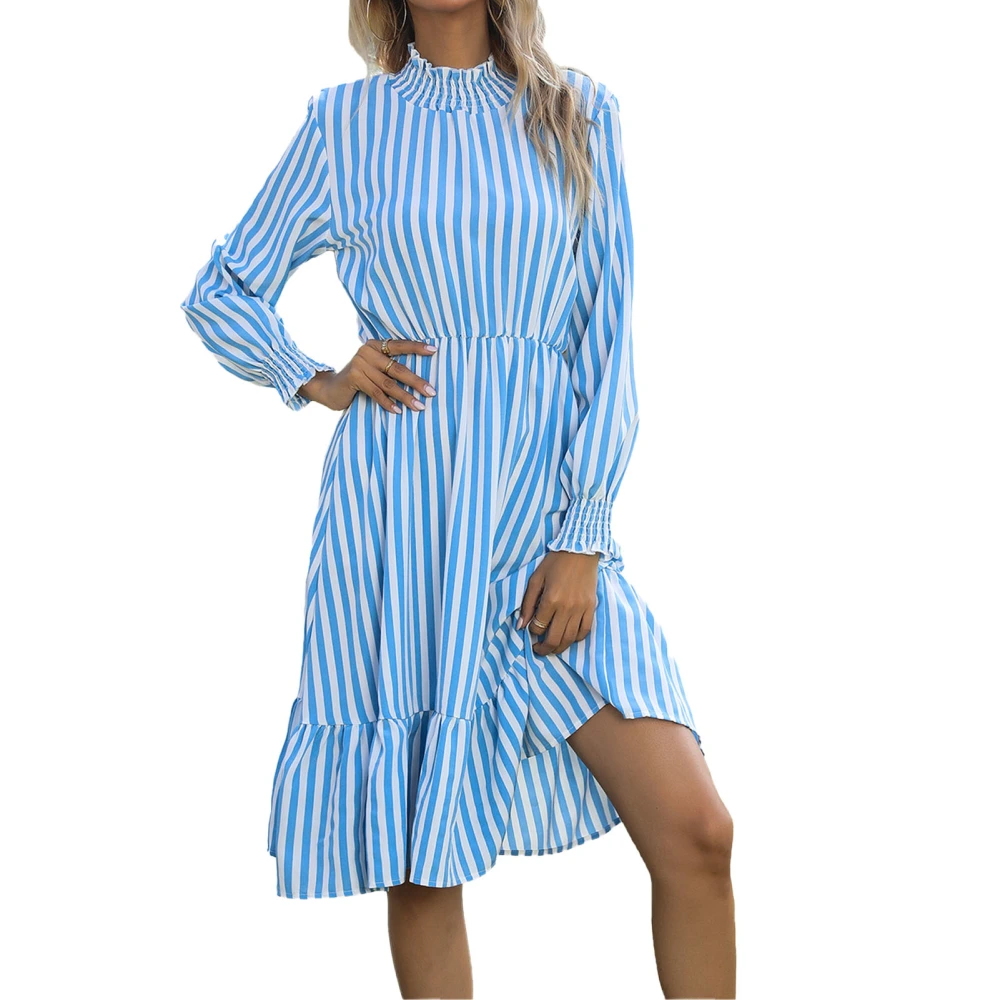 Women Striped Dress Vertical Stripes Long Sleeve Flouncy Hem Retro Style Long Sleeve Dress for Party Business Travel Sky Blue XL