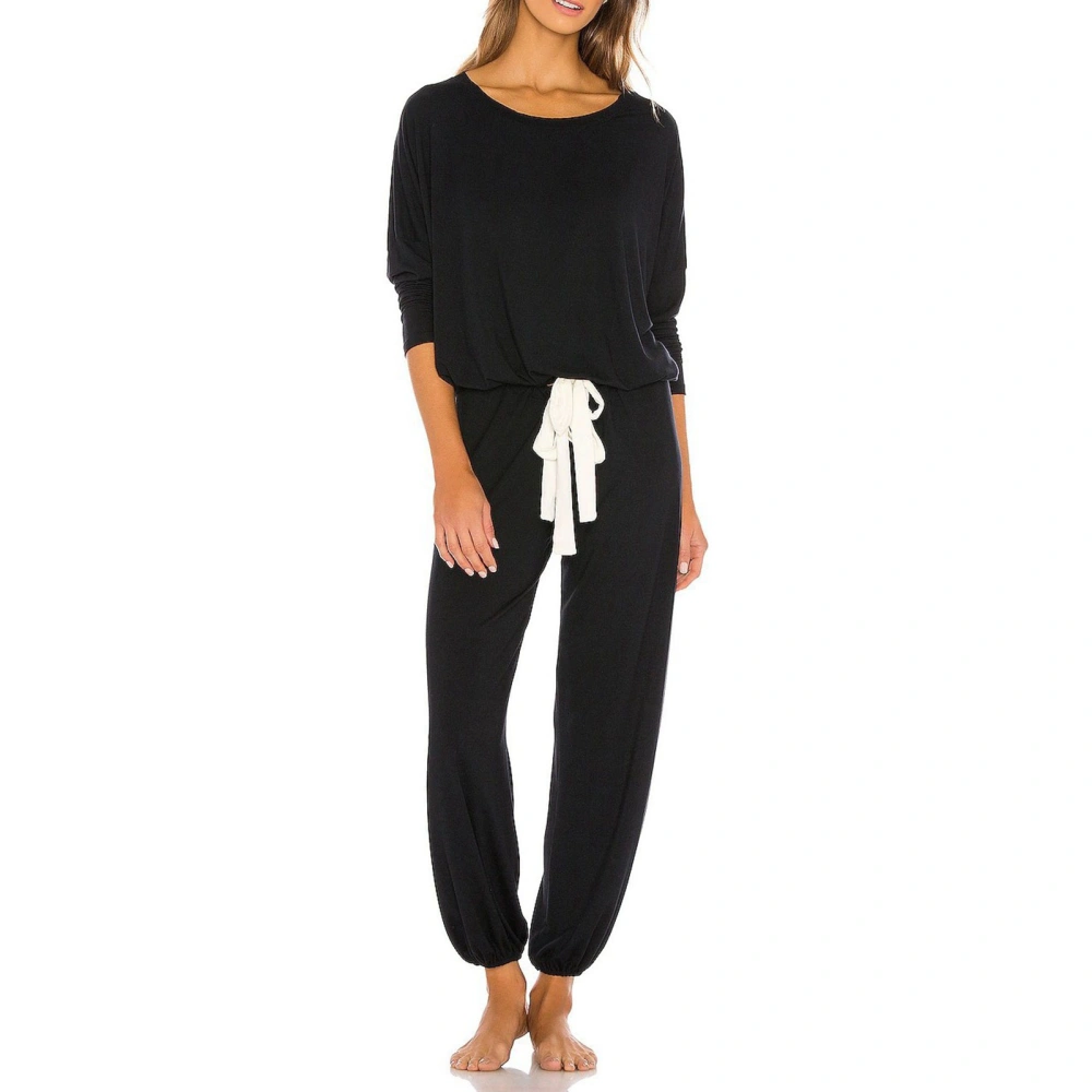 Women Pajamas Suit Polyester Long Sleeved Round Neck Casual Loose Sweatsuit for Women Black M