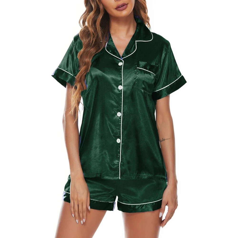 Woman Short Sleeve Sleepwear Fashion Soft Comfortable Breathable Satin Pajamas Women with Chest Pocket Women Loungewear Green M