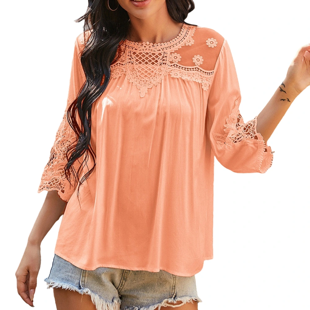 Women Lace Top Ladies Breathable Soft Pure Color Lace Stitching Loose Casual Versatile Mid Sleeve Top T Shirt Pink S