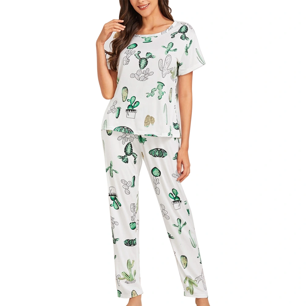 Pajamas Set Short Sleeved Top Stylish Printing Pattern Breathable Loose Round Neck Nightwear with Long Pants Cactus M